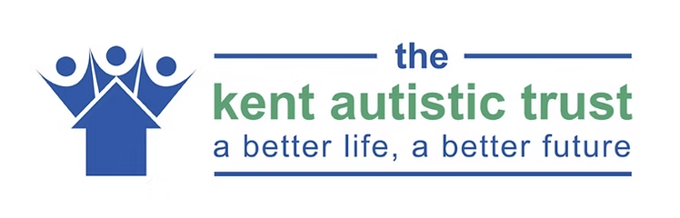 The Kent Autistic Trust logo featuring a blue stylised image of three figures with raised arms, alongside the text 