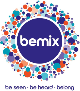 The bemix logo featuring a dark purple circle with the word 
